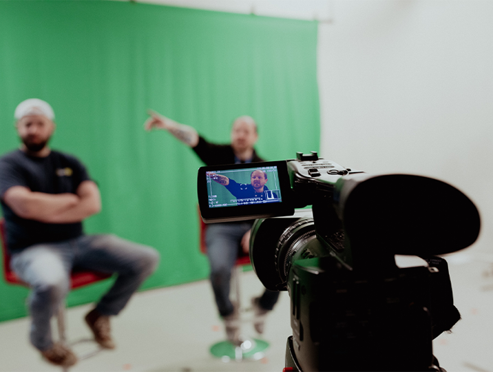 screen production interview set up with green screen and camera