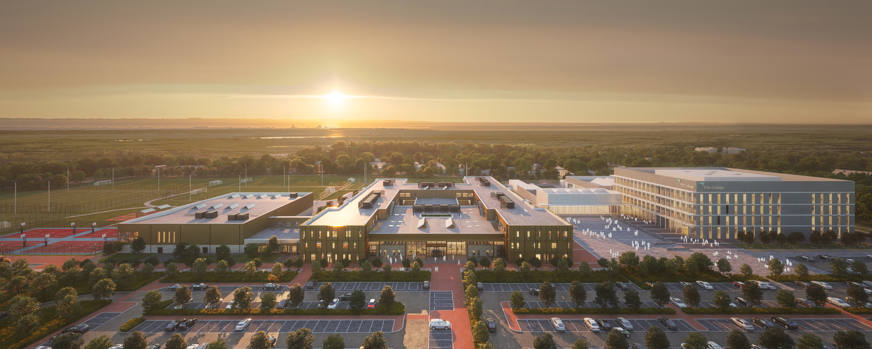 artist impression of new dunfermline campus from an aerial point of view
